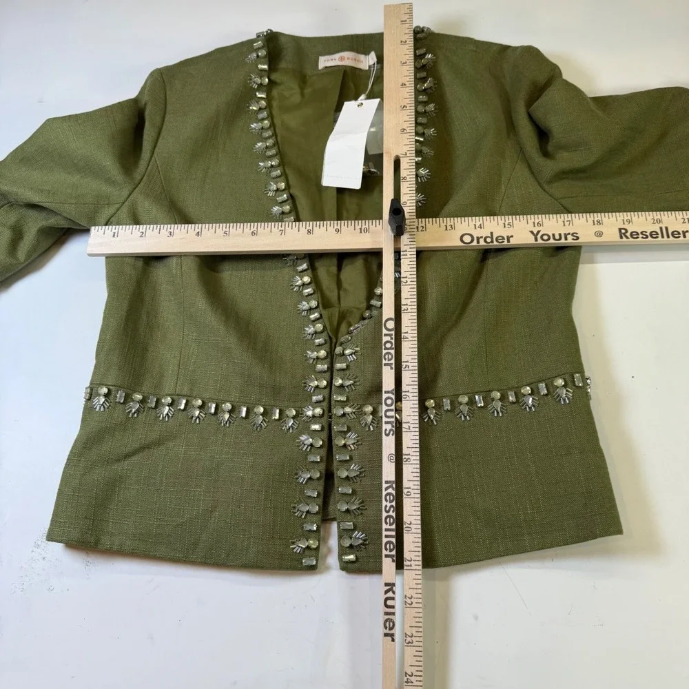 TORY BURCH Avery Hills Linen Blend 3/4 Jacket Blazer Olive Green Size‎ 4 New